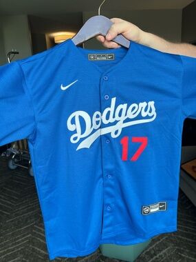Ohtani Nike Blue Dodgers Baseball Jersey with White Script and Red Number 17